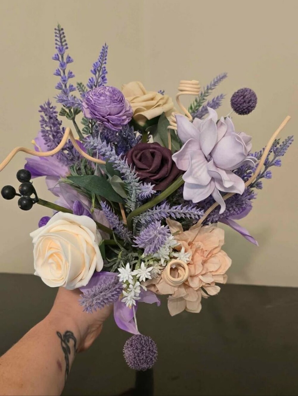 Elegant Purple and Cream Faux Floral Wedding Bouquet W/ Matching Boutonniere